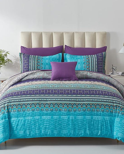 Cottolester Boho Comforter Set King Size 8 Piece Bed in a Bag Bohemian Striped Bedding Quilt Set Aqua Paisley Floral Comforter and Sheet Set,Soft Microfiber Complete Bedding Sets for All Season