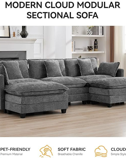 111'' Sectional Cloud Deep Seat Couch, Oversized Chenille U Shaped Sectional Sofa for Living Room Set, Comfy Upholstered Modular 3-Seats Sectional Sofa Couch with 2 Movable Ottoman, Grey