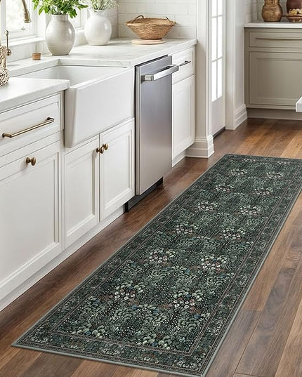 2x6 Washable Runner Rug for Hallways, Dark Green Soft Floor Modern Kitchen Rugs with Non-Slip, Non-Shedding Boho Rug for Bedroom Kitchen Porch Laundry Entryway
