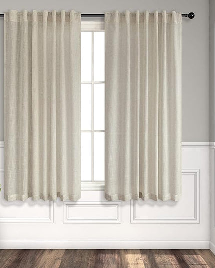 Beige Linen Curtains 45 Inch Length for Bedroom 2 Panels Back Tab Rod Pocket Primitive Burlap Canvas Look Lightweight Gourmet Non See Through Semi Sheer Short Bathroom Curtains for Small Windows Tan