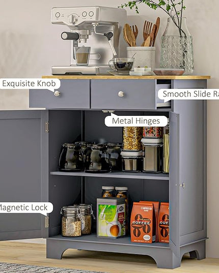 HOMCOM Sideboard with Solid Wood Countertop, Modern Kitchen Storage Cabinet, Coffee Bar Cabinet with 2 Drawers, Doors and Adjustable Shelf, Gray