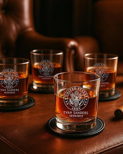 Personalized Military Sets - Custom Engraved Decanter & 4 Scotch Glasses - Army, Navy, Air Force, Coast Guard - Active Duty & Veterans (Scotch Glass Set)