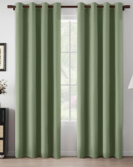 100% Blackout Linen Green Curtains 80 Inch Length 2 Panels for Patio Bedroom, Noise Reducing Thermal Insulated Rustic Farmhouse Curtain Panels, Sage Green, W52 x L80, 2 Panels