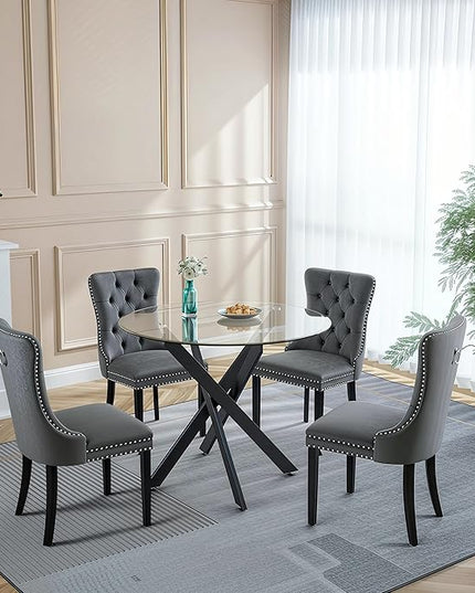 5 Piece Round Glass Dining Table Set for 4, Modern Dining Room Table and Chairs Set, Tempered Glass Top Kitchen Table with 4 Velvet Chairs, Space Saving Dining Set for Small Apartment or Home