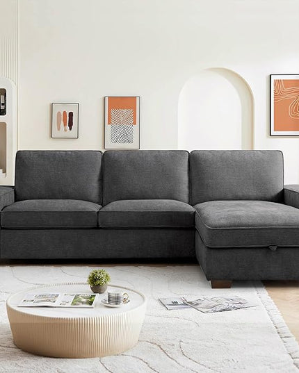 PARKOL 102" L-Shaped Sectional Couch with Storage, Sofa with Reversible Chaise, USB Type-C Charging, Chenille Fabric, Removable Cushion Covers, for Small Space, Apartment, Living Room, Dark Gray