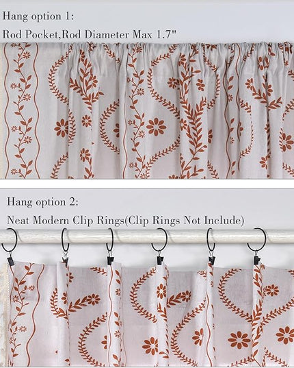 Boho Curtains for Living Room 63 Inches Long Semi Sheer Linen Floral Curtains Vintage Farmhouse Window Curtain 2 Panel for Dining Room Kitchen