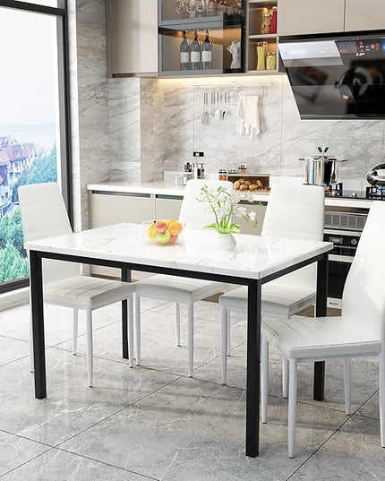 AWQM 5 Pieces Dining Table Set, Kitchen Table Set with Faux Marble Top Table and 4 Faux Leather Upholstered Chairs for Kitchen, Breakfast Nook, Dining Room, White+Beige, 47.25" L x 27.56" W x 30.1" H