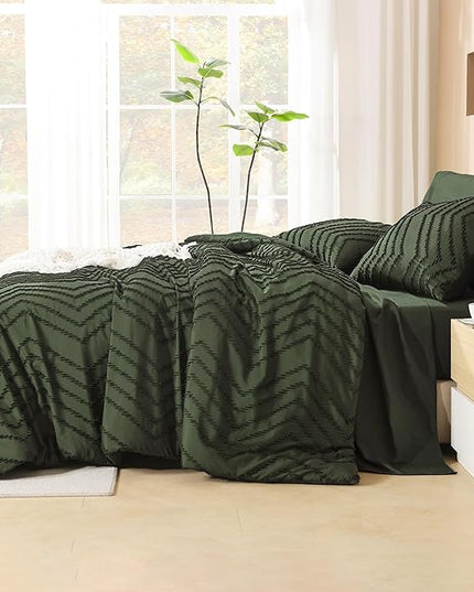 Litanika Oversized Queen Size Comforter Set with Sheets Olive Green - 7 Pieces Bed in a Bag Oversized King Boho Tufted Complete Bedding Sets with Comforter, Sheets, Pillowcases & Shams