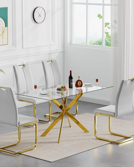 5 Piece Glass Dining Table Set, Glass Kitchen Dining Room Table Set for 4, 61" Modern Rectangular Gold Glass Metal Dining Table with 4 Grey PU Leather Dining Chairs for Kitchen Dining Room