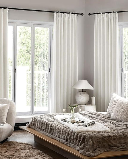 IVAPUPU Natural Linen Blend Pinch Pleated Full Blackout Curtains for Bedroom - 2 Pages Black Out Curtains 112 Inch Long 2 Panel for Living Room Darkening Thermal Window Curtain Drapes with 16pc Hooks