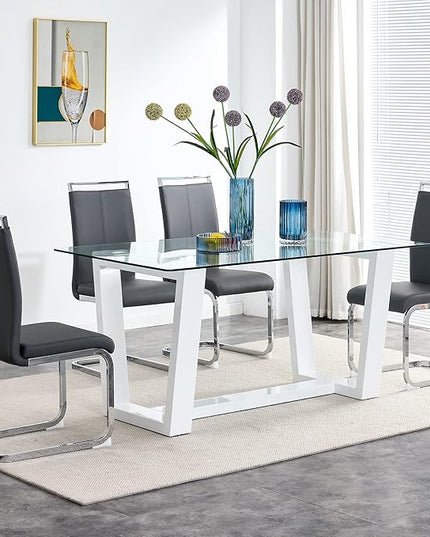 Ebullient Glass Dining Table, Modern Dining Table, 63" Tempered Glass Tabletop with White MDF Trapezoid Legs, Rectangle Kitchen Table for 4-6 Person, Ideal for Kitchen, Dining Room, Home, Apartment