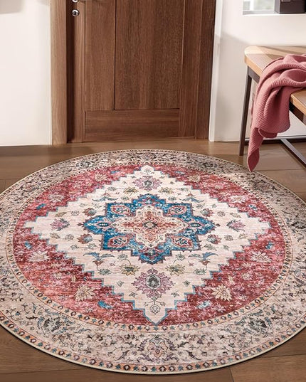 Ciicool Boho Area Rug 4x4ft Round Washable Bedroom Non-Slip Vintage Entryway Throw Low-Pile Indoor Carpet for Living Room Foyer