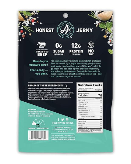 Country Archer Grass Fed Beef Jerky - Zero Sugar Beef Jerky, Sugar Free Beef Jerky Snack Pack, Beef Jerky Bulk, Individual Beef Jerky Packs, Gluten Free, Paleo - Classic Flavor, 2 oz (Pack of 6)