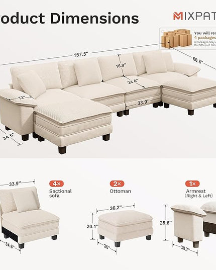 157-Inch U Shaped Sectional Sofa with Cloud Cushions, Deep Seat Modular Couch Set w/ 6 Seats & 2 Ottomans, Plush Chenille & Corduroy Upholstery for Living Room, Apartment - Beige