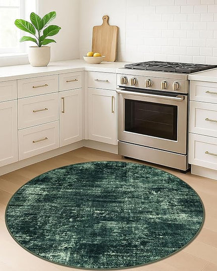 IOHOUZE Round Area Rug 5 Ft Circle Entryway Rugs Round Washable Door Mat Indoor Entrance, Non Slip Circle Front Door Rug, Printed Abstract Faux Wool Floor Carpet for Foyer Porch Sink, Dark Green