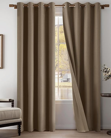 100% Blackout Linen Textured Curtains 84 Inch Length 2 Panels Set for Living Room, Bedroom, Light Weight Curtains with Grommets Top, Full Blackout Curtains Privacy Protection, Brown, 52" W x 84" L