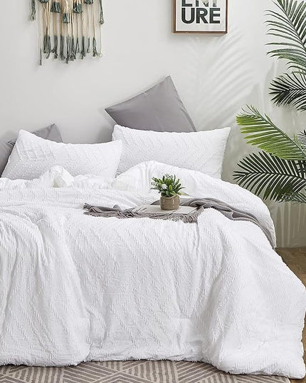 Houseri California King Comforter Set White Boho Tufted Jacquard Bedding Sets Cal King Women Solid White Shabby Chic Comforters Men Modern Soft Comfy Plain White Farmhouse Tassels Bed Quilt King Plus