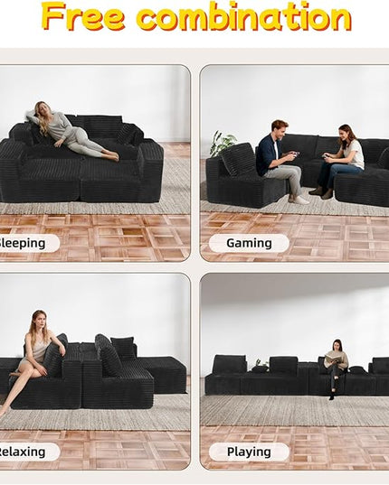 132" U Shaped Boneless Couch, Cloud Sectional Modular Sofa with Double Chaise Lounge, Corduroy Cloud Couch with Pillows & Deep Seat, Boneless Sofa for Living Room, Grey