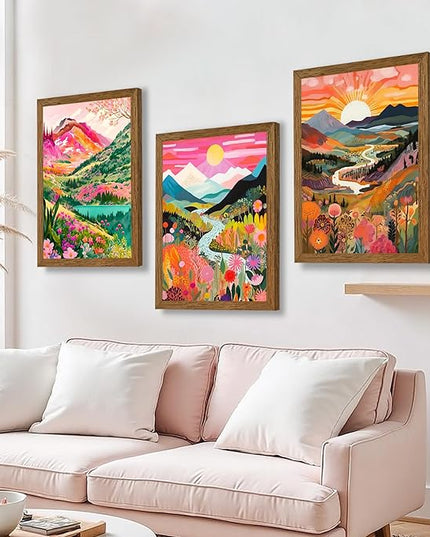 DUWQU 3 piece Colorful Watercolor Mountain Canvas Wall Art Boho Floral Painting Picture Wall Decor Abstract Nature Landscape Poster Print Artwork for Living Room Bedroom Office 16x24 Inch Wood Frames