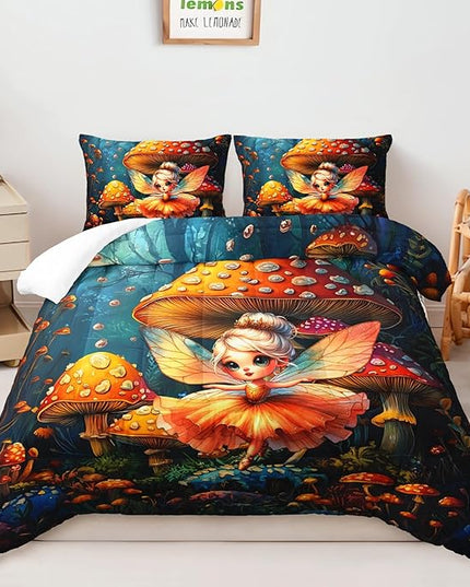AILONEN Cartoon Butterfly Fairy Twin Size Comforter Set for Girls Kids,Mysterious Mushroom Forest Duvet Set 3Pcs,Beautiful Dancing Fairy Comforter with 2 Pillowcases