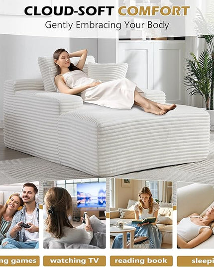 67" Boneless Chaise Lounge Chair,Indoor Corduroy Oversized Sleeper Sofa w/9.9'' Wide Armrest & 3 Soft Pillows, Convertible Boneless Sofa Bed - 2-in-1 Chair & Ottoman for Reading, Living Room,White