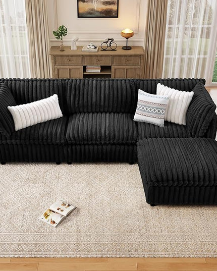 KKL Modular Sectional Couch for Living Room, L Shaped Corduroy Couches with 1 Ottomans, 4 Seater Oversized Sofa, Soft Fabric Modern Sofa, Black