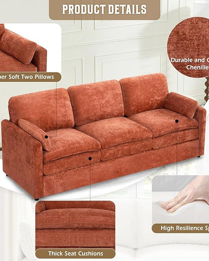 89" Chenille 3 Seats Sofa with 2 Pillows, Modern Upholstered Sofa with Deeper Seats, Comfy Sofa with Thickened Cushions for Living Room, Apartment, Orange