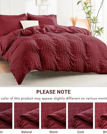 HYMOKEGE Burgundy King Size Comforter Set Seersucker 7 Pieces, All Season Luxury Bed in a Bag for Bedroom, Bedding Set with Comforters, Sheets, Pillowcases & Shams