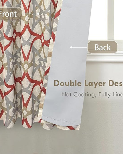 DriftAway Alexander 100% Blackout Curtains for Living Room Linen Blend Pattern Match Thermal Insulated Room Darkening Geo Moroccan Mid Century Back Tab Bedroom Drapes 2 Panels 52 x 63 Inch Linen Red