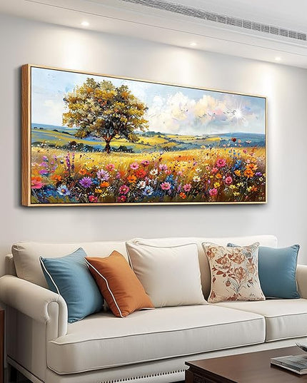 hyidecorart Farmhouse Wall Art For Living Room Pictures For Bedroom Wall Decor Natural Scenery Wall Painting Office Artwork Colorful Flowers And Trees Canvas Prints Hanging Decor Wood Framed 72x32