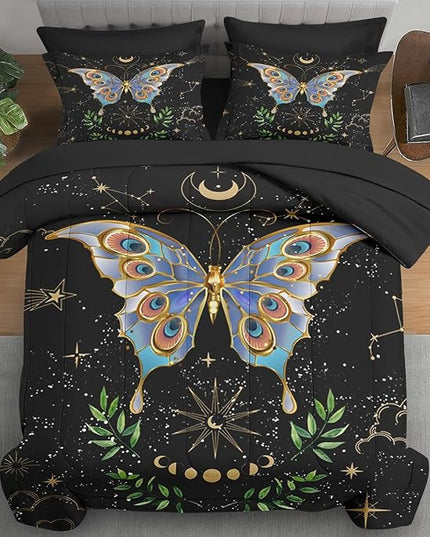 Comforter Set King Size, Gothic Butterfly Moon 7 Pcs Bedding for Kids and Adults, Botanical Plant Leaf Bed Sheet Sets with Fitted Sheet 2 Pillowcases & 2 Shams for Bedroom Bed Decor