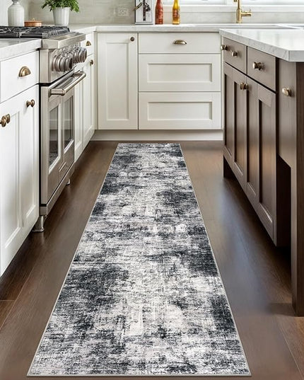 IOHOUZE Abstract Runner Rug 2x8 Ft Washable Runners for Hallways, Non Slip Kitchen Runner Printed Faux Wool Entryway Runner Indoor, Modern Abstract Floor Carpet for Hall Kitchen Bedroom, Black Gey