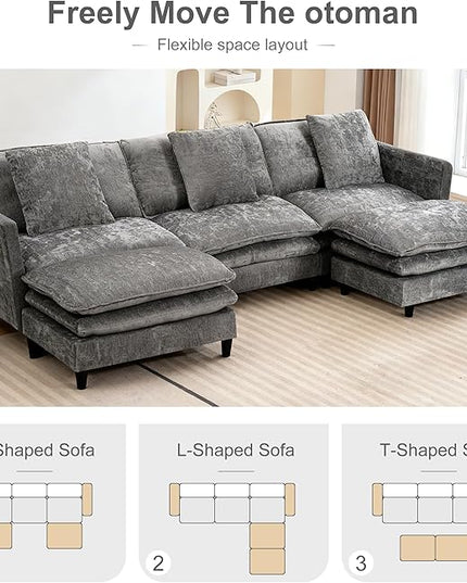 Modular Sectional Sofa, 143.31'' Modern Sofa Sleeper Couch with 3 Seat & 3 Pillows Sofa Set, Comfy Cloud Couches with Movable Ottoman, Deep Seat Couch for Living Room Chenille (Grey, U Shaped)