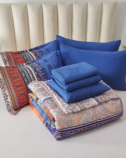 Cottolester Boho Comforter Set King Size 8 Piece Bed in a Bag Burnt Orange Paisley Fall Comforter and Sheet Set Bohemian Striped Bedding Set,Soft Microfiber Complete Bedding Set