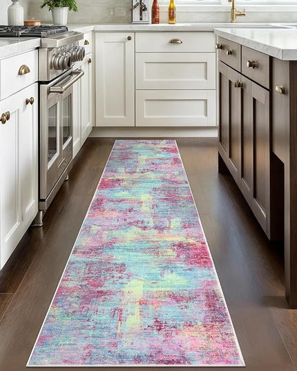 IOHOUZE Abstract Runner Rug 2x8 Ft Washable Runners for Hallways, Non Slip Kitchen Runner Printed Faux Wool Entryway Runner Indoor, Modern Abstract Floor Carpet for Hall Kitchen Bedroom, Pink Teal