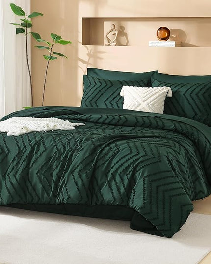 Litanika Super King Plus Size Comforter Set with Sheets Emerald Green - 7 Pieces Bed in a Bag Oversized King Boho Tufted Complete Bedding Sets with Comforter, Sheets, Pillowcases & Shams