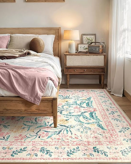 Wonnitar Machine Washable 10x14 Area Rugs, Large Living Room Rug Floral Pink and White Carpet, Boho Soft Ultra-Thin Foldable Carpets for Bedroom Dining Room Office