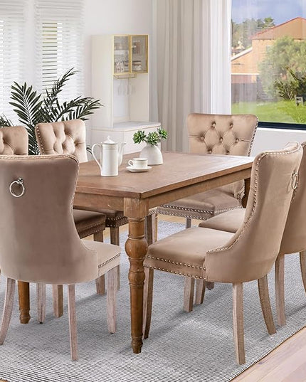 SoarFlash Velvet Dining Chair Set of 8, Upholstered Tufted Dining Room Chair with Nailhead Trim and Solid Wood Leg for Kitchen (Khaki)