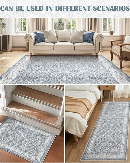 jinchan Hallway Runner Rug 3x8 - Machine Washable Grey Vintage Floral Distressed Design Soft Non-Slip Low-Pile Ultra-Thin Runner Rug for Kitchen Laundry Room Bedroom Farmhouse (3‘x8', Grey)