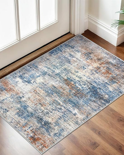 IOHOUZE Small Abstract Area Rug 2x3 Ft Entryway Rugs Washable Door Mat Indoor Entrance, Rubber Backed Throw Rugs, Printed Faux Wool Non Slip Floor Carpet for Foyer Front Door Sink, Blue Rust