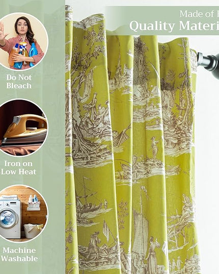 Maison d' Hermine Curtains for Living Room 100% Cotton 84 inch Length One Panel Light Filtering Toile Curtains for Bedroom Windows with Rod and Loop Pockets Drapes (Calais Celery, 50" W x 84" L)