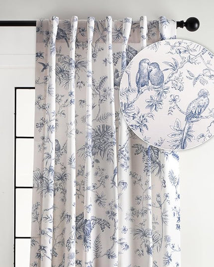 Maison d' Hermine Tailored Curtain 100% Cotton One Panel 50"x108" Curtains, Easy Hanging with a Rod Pocket & Loop for Living Rooms Bedrooms Offices, Jouy Paradis - Blue - Spring/Summer