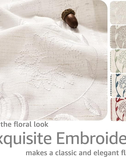 jinchan Winslow Linen Curtains for Bedroom 96 Inches Length Embroidered Bordered Floral Curtains for Living Room Farmhouse Decor Light Filtering Window Treatments White on White Drapes 2 Panels