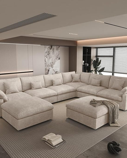 WJShome 156" Cloud Modular Sectional Sofa Couch,U Shaped Couch with Ottoman,Down Filled 8 Seater Convertible Sleeper Bed Living Room Set,Covers Washable&Replaceable (Khkai)