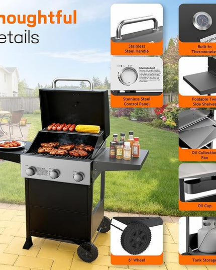 Veralune 3 Burner Propane Gas Grill, 36,000 BTU Stainless Steel Outdoor BBQ Grill with Built-In Thermometer, Lid, Foldable Side Shelves & Wheels for Patio, Garden & Backyard Cooking