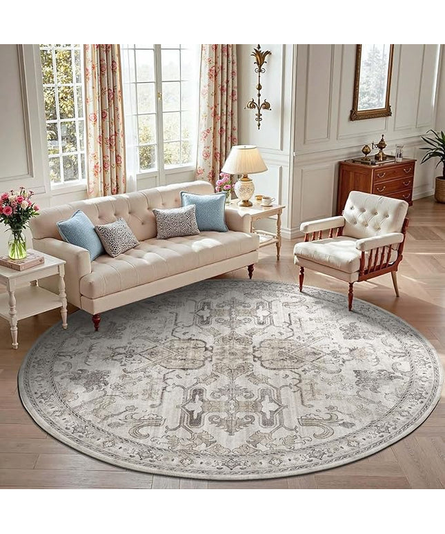 jinchan Round Rug 8ft Area Rug Vintage Floor Mat Kitchen Indoor Ultra-Thin Soft Floral Print Washable Circle 8' Accent for Farmhouse Non Slip Dining Room Living Room Bedroom Office Taupe
