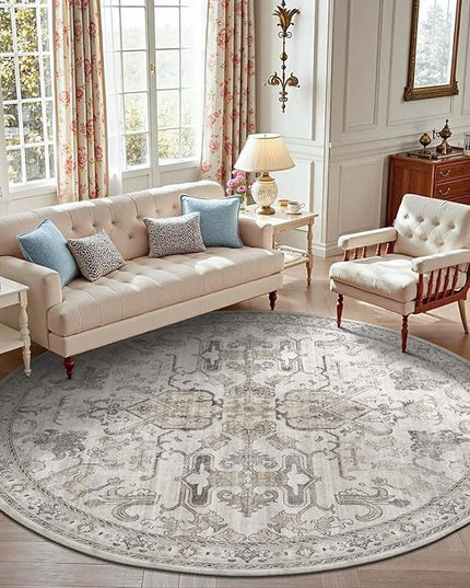 jinchan Round Rug 7ft Area Rug Vintage Floor Mat Kitchen Indoor Ultra-Thin Soft Floral Print Washable Circle 7' Accent for Farmhouse Non Slip Dining Room Living Room Bedroom Office Taupe