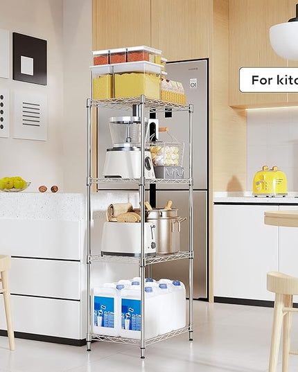 4 Tiers Shelf Metal Storage Shelves Wire Rack Closet Organizers with Wheel for Garage Kitchen Bathroom Laundry Chrome 11.8" D x 17.7" W x 41.9" H