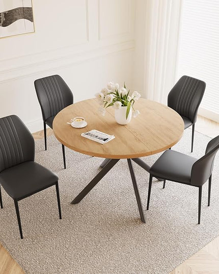 45.3 Inch Round Dining Table Set for 4, Mid Century Modern Small Kitchen Coffee Set for Dining Room Kitchen Apartment (Oak Table + 4 Black Chairs)