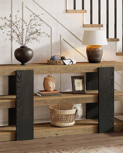 Tribesigns 63-Inch Long Console Table, 3-Tier Entryway Table with Storage, Farmhouse Wood Behind Couch Tables for Entryway, Living Room, Hallway, Rustic Brown & Black